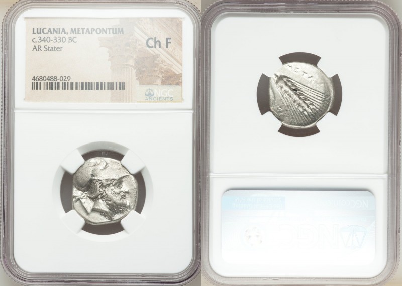 LUCANIA. Metapontum. Ca. 340-330 BC. AR stater (20mm, 10h). NGC Choice Fine. He-...