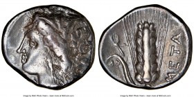 LUCANIA. Metapontum. Ca. 330-280 BC. AR stater (20mm, 6h). NGC VF. Dori- and Da-, magistrates. Head of Demeter left, wreathed with grain; ΔΩPI below c...
