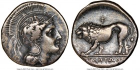 LUCANIA. Velia. Ca. 340-280 BC. AR didrachm (21mm, 4h). NGC VF, edge cuts. Helmeted head of Athena right, wearing Attic helmet surmounted by griffin /...