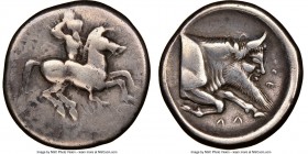 SICILY. Gela. Ca. 490-475 BC. AR didrachm (21mm, 4h). NGC Fine. Horseman, nude save for pileus, on horse galloping right, brandishing spear in his upr...