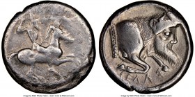 SICILY. Gela. Ca. 490-475 BC. AR didrachm (19mm, 6h). NGC VF, edge filing. Horseman, nude save for pileus, on horse galloping right, brandishing spear...