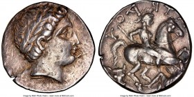 PAEONIAN KINGDOM. Patraus (ca. 335-315 BC). AR tetradrachm (23mm, 7h). NGC Choice VF, edge cut. Laureate head of Apollo right, beardless and with shor...