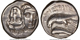 MOESIA. Istrus. Ca. 4th century BC. AR drachm (17mm, 1h). NGC Choice VF. Two facing male heads; the left inverted / IΣTPIH, sea-eagle left, grasping d...
