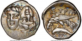 MOESIA. Istrus. 4th century BC. AR drachm (19mm, 9h). NGC Choice VF. Two facing male heads; the right inverted / IΣTPIH, sea-eagle left, grasping dolp...