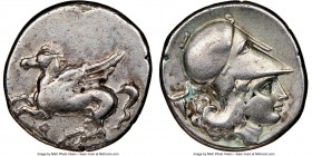 CORINTHIA. Corinth. Ca. 375-300 BC. AR stater (21mm, 6h). NGC VF, overstruck. Pegasus flying left; Ϙ below / Head of Athena right, wearing Corinthian ...