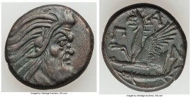 CIMMERIAN BOSPORUS. Panticapaeum. 4th century BC. AE (21mm, 7.33 gm, 12h). XF. Head of bearded Pan right / Π-A-N, forepart of griffin left, sturgeon l...