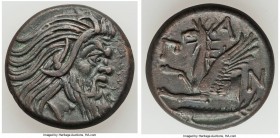 CIMMERIAN BOSPORUS. Panticapaeum. 4th century BC. AE (21mm, 6.97 gm, 11h). XF. Head of bearded Pan right / Π-A-N, forepart of griffin left, sturgeon l...