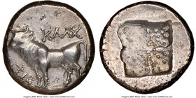 BITHYNIA. Calchedon. Ca. 367/6-340 BC. AR drachm (14mm). NGC AU. KAΛX, bull standing left on grain ear pointed right; caduceus and ΔΑ monogram to left...