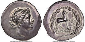 AEOLIS. Cyme. Ca. 155-145 BC. AR tetradrachm (32mm, 12h). NGC Choice VF. Metrophanes, magistrate. Head of the Amazon Cyme right, her hair bound with a...