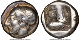 IONIA. Phocaea. Ca. late 6th-early 5th centuries BC. AR diobol or hemidrachm (9mm). NGC VF, countermarks. Archaic styled female head left, wearing hel...