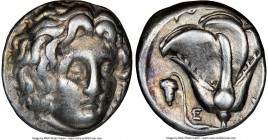 CARIAN ISLANDS. Rhodes. Ca. 305-275 BC. AR didrachm (18mm, 1h). NGC VF. Head of Helios facing, turned slightly right, hair parted in center and swept ...