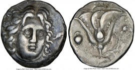 CARIAN ISLANDS. Rhodes. Ca. 305-275 BC. AR didrachm (21mm, 11h). NGC Choice Fine. Radiate facing head of Helios, turned slightly right, hair parted in...
