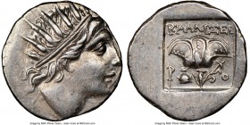 CARIAN ISLANDS. Rhodes. Ca. 88-84 BC. AR drachm (15mm, 11h). NGC Choice AU. Plinthophoric standard, Callixei(nos), magistrate. Radiate head of Helios ...
