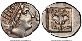 CARIAN ISLANDS. Rhodes. Ca. 88-84 BC. AR drachm (15mm, 12h). NGC AU, flan flaw. Plinthophoric standard, Philon, magistrate. Radiate head of Helios rig...