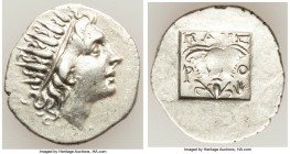 CARIAN ISLANDS. Rhodes. Ca. 88-84 BC. AR drachm (18mm, 2.36 gm, 12h). AU. Plinthophoric standard, Maes, magistrate. Radiate head of Helios right / MAH...