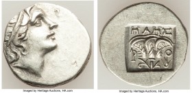 CARIAN ISLANDS. Rhodes. Ca. 88-84 BC. AR drachm (16mm, 2.24 gm, 11h). Choice XF. Plinthophoric standard, Maes, magistrate. Radiate head of Helios righ...
