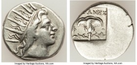 CARIAN ISLANDS. Rhodes. Ca. 88-84 BC. AR drachm (14mm, 2.92 gm, 12h). XF. Plinthophoric standard, Euphanes, magistrate. Radiate head of Helios right /...