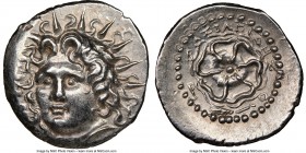 CARIAN ISLANDS. Rhodes. Ca. 84-30 BC. AR drachm (20mm, 4.12 gm, 7h). NGC Choice AU 5/5 - 4/5. Basileides, magistrate. Radiate head of Helios facing, t...