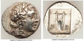 LYCIAN LEAGUE. Masicytes. Ca. 48-20 BC. AR hemidrachm (15mm, 1.77 gm, 12h). AU. Series 1. Laureate head of Apollo right; Λ-Y below / K-P, cithara (lyr...
