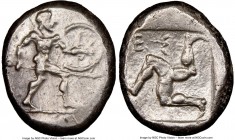 PAMPHYLIA. Aspendus. Ca. mid-5th century BC. AR stater (21mm, 6h). NGC XF, brushed. Helmeted nude hoplite warrior advancing right, shield in left hand...