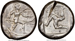 PAMPHYLIA. Aspendus. Ca. mid-5th century BC. AR stater (21mm, 5h). NGC XF, test cut. Helmeted nude hoplite warrior advancing right, shield in left han...