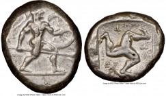 PAMPHYLIA. Aspendus. Ca. mid-5th century BC. AR stater (20mm, 2h). NGC Choice VF. Helmeted nude hoplite advancing right, shield in left hand, spear fo...