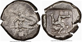 PAMPHYLIA. Aspendus. Ca. mid-5th century BC. AR stater (22mm, 5h). NGC VF. Helmeted nude hoplite warrior advancing right, shield in left hand, spear f...