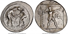 PAMPHYLIA. Aspendus. Ca. 380-325 BC. AR stater (25mm, 11h). NGC Choice XF. Two wrestlers grappling; FИ between, EΛVΦA MENETVΣ in exergue; dotted borde...