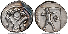 PAMPHYLIA. Aspendus. Ca. 380-325 AD. AR stater (22mm, 11h). NGC Choice Fine. Two wrestlers grappling; ΔA between / EΣΤFEΔΙΙΥΣ, slinger standing to rig...