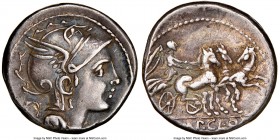 Titus Manlius Mancius, Appius Claudius Pulcher, and Q. Urbinius, moneyers (111-110 BC). AR denarius (17mm, 10h). NGC XF. Rome. Head of Roma right, wea...