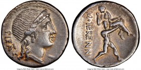 M. Herennius (ca. 108-107 BC). AR denarius (18mm, 1h). NGC XF. Rome. PIETAS (TA ligate) behind (downwards), diademed head of Pietas right; uncertain s...