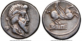 Q. Titius (90 BC). AR denarius (16mm, 4h). NGC VF. Rome. Head of Mutinus Titinus right, hair bound with winged diadem / Q. TITI on inscribed tablet fr...