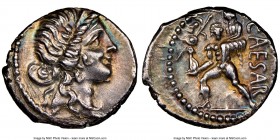 Julius Caesar, as Dictator (49-44 BC). AR denarius (17mm, 3.75 gm, 6h). NGC AU 4/5 - 2/5, scratches. Military mint moving with Caesar in North Africa,...