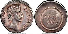 Augustus (27 BC-AD 14). AR denarius (19mm, 3.81 gm, 6h). NGC XF 5/5 - 4/5. Spain, Caesaraugusta, 19-18 BC. CAESAR-AVGVSTVS, bare head of Augustus righ...