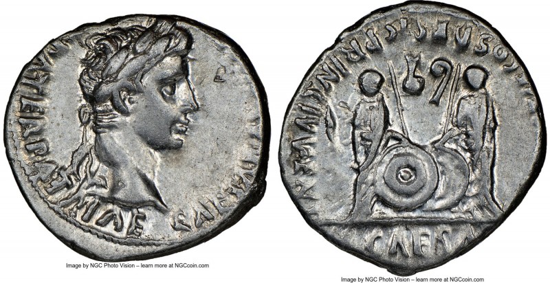 Augustus (27 BC-AD 14). AR denarius (18mm, 2h). NGC XF. Lugdunum, 2 BC-AD 4. CAE...