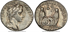 Augustus (27 BC-AD 14). AR denarius (17mm, 5h). NGC XF. Lugdunum, 2 BC-AD 4. CAESAR AVGVSTVS-DIVI F PATER PATRIAE, laureate head of Augustus right / A...