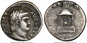Nero (AD 54-68). AR denarius (18mm, 6h). NGC VF. Rome, ca. AD 65-66. NERO CAESAR-AVGVSTVS, laureate head of Nero right / VESTA, hexastyle temple of Ve...