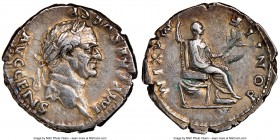 Vespasian (AD 69-79). AR denarius (19mm, 12h). NGC XF, scuffs. Rome, AD 73. IMP CAES VESP AVG CENS, laureate head of Vespasian right / PONTIF-MAXIM, V...