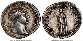Trajan (AD 98-117). AR denarius (19mm, 7h). NGC Choice XF. Rome, AD 103-111. IMP TRAIANO AVG GERM DAC P M TR P, laureate head of Trajan right, drapery...