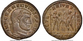 Maxentius (AD 307-312). BI follis or nummus (24mm, 11h). NGC Choice XF. Ostia, 4th officina, AD 309-312. IMP C MAXENTIVS P F AVG, laureate head of Max...