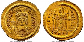 Maurice Tiberius (AD 582-602). AV solidus (22mm, 4.32 gm, 6h). NGC MS 5/5 - 4/5, clipped. Constantinople, 3rd officina. o N mAVRC-TIb PP AVG, draped a...