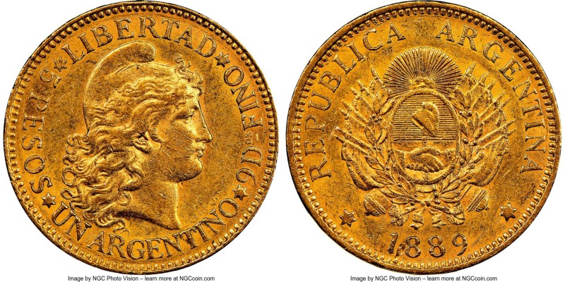 Republic gold 5 Pesos (Argentino) 1889 MS60 NGC, KM31. AGW 0.2334 oz. 

HID098...