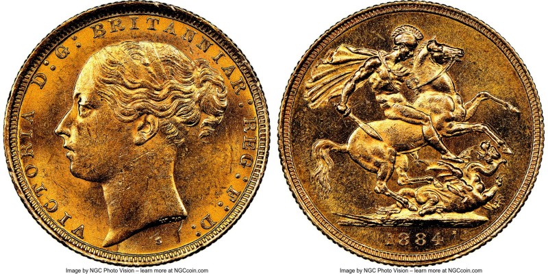 Victoria gold "St. George" Sovereign 1884-S MS62 NGC, Sydney mint, KM7. AGW 0.23...