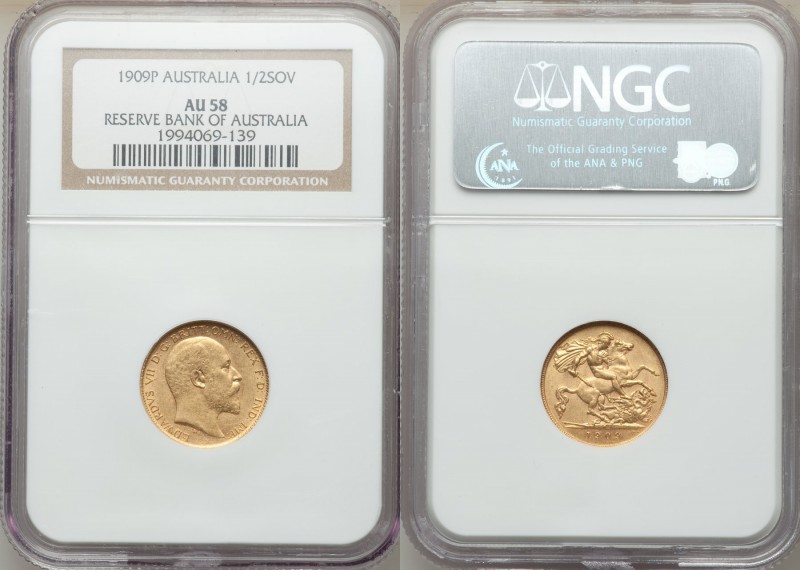 Edward VII gold 1/2 Sovereign 1909-P AU58 NGC, Perth mint, KM14. One of the lowe...