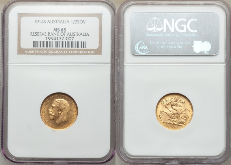 George V gold 1/2 Sovereign 1914-S MS65 NGC, Sydney mint, KM28. 

HID098012420...