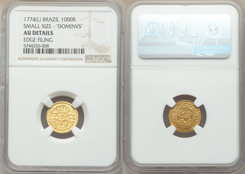 Jose I gold 1000 Reis 1774-(L) AU Details (Edge Filing) NGC, Lisbon mint, KM162....