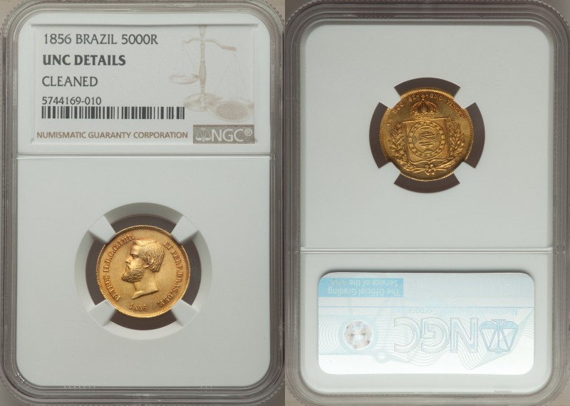 Pedro II gold 5000 Reis 1856 UNC Details (Cleaned) NGC, Rio de Janeiro, KM464. V...