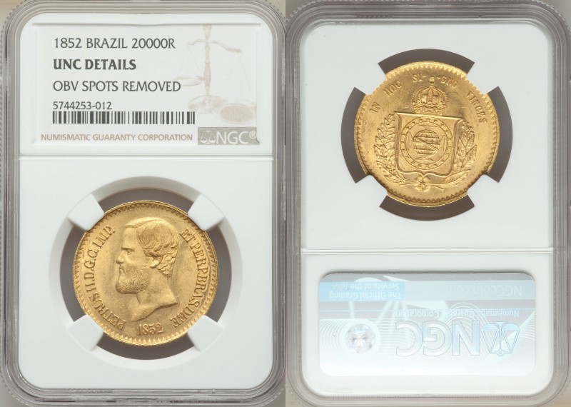 Pedro II gold 20000 Reis 1852 UNC Details (Obverse Spots Removed) NGC, Rio de Ja...