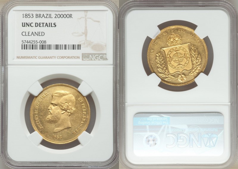 Pedro II gold 20000 Reis 1853 UNC Details (Cleaned) NGC, Rio de Janeiro mint, KM...