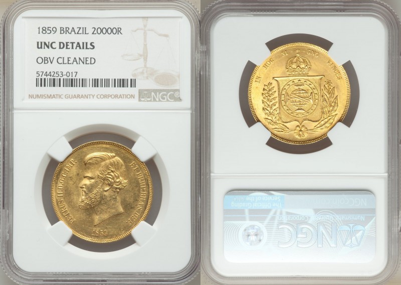 Pedro II gold 20000 Reis 1859 UNC Details (Obverse Cleaned) NGC, Rio de Janeiro ...